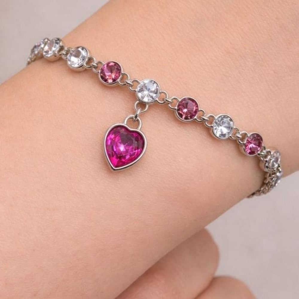 Bracelet Pink Clear Heart Charm Sterling Overlay Made with Swarovski Crystals